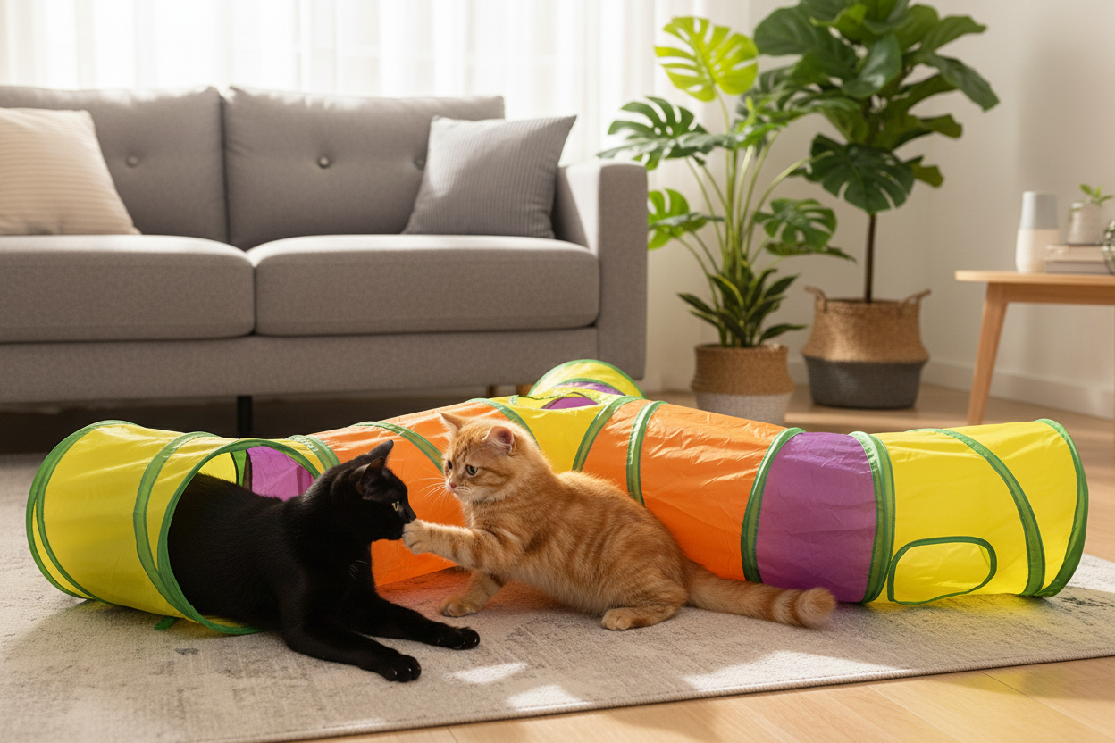 Black and tabby cats with tunnel