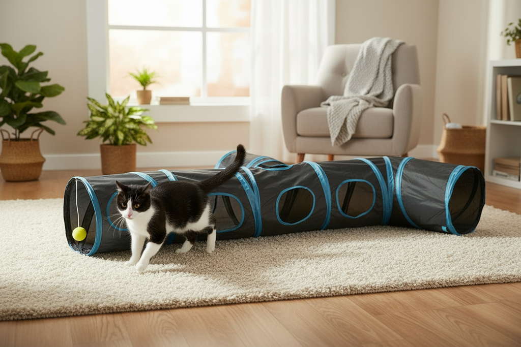 Black and white cat in tunnel