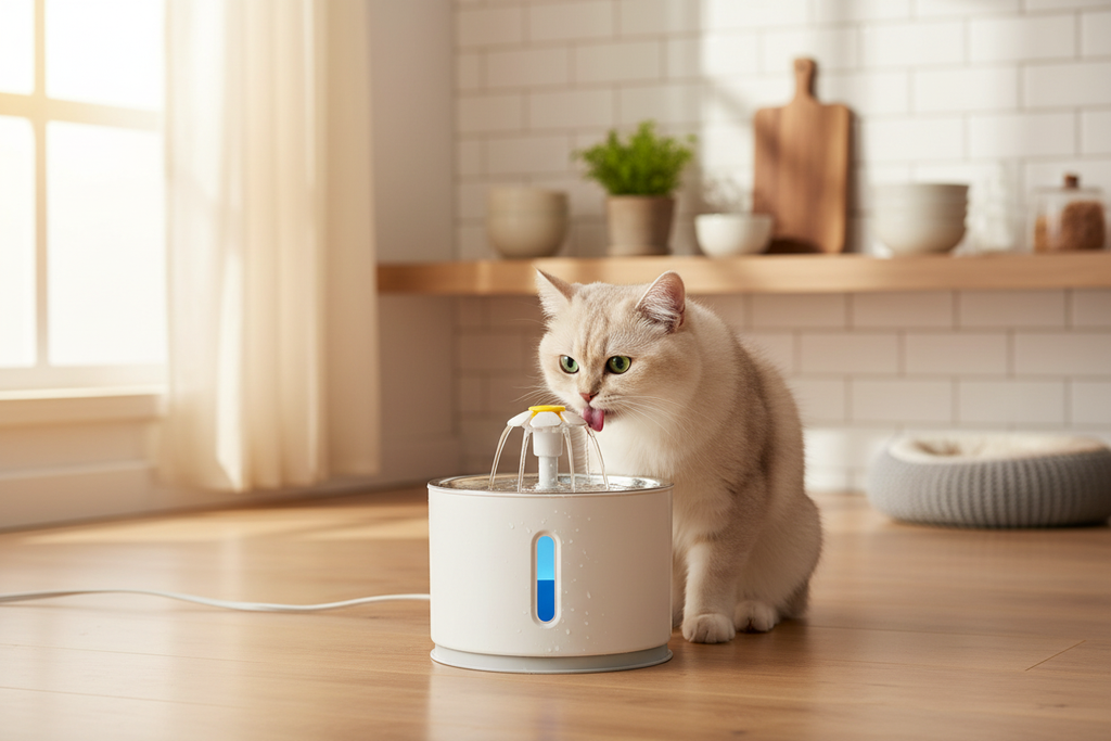 Cat drinking from fountain