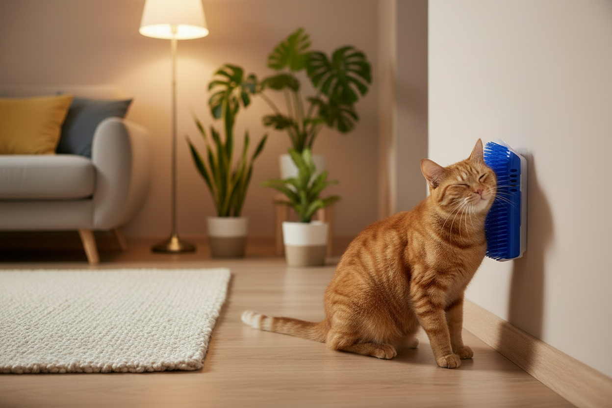 Cat grooming on wall corner brush
