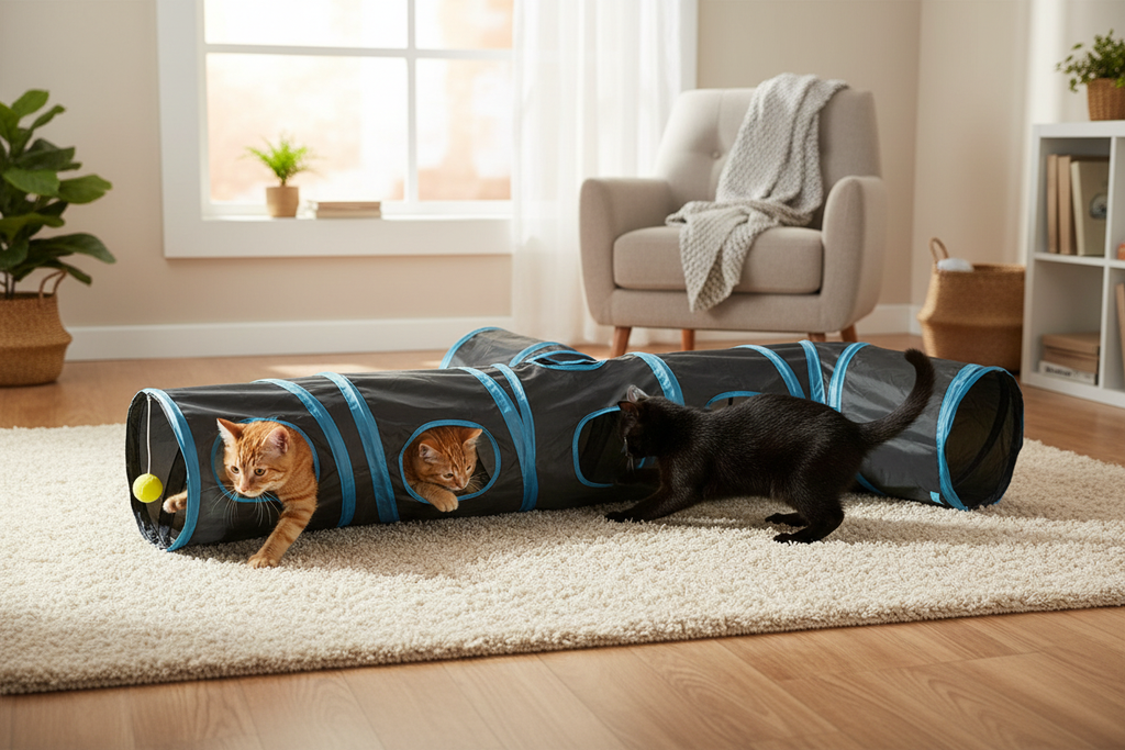 Cats playing with tunnel toy at home
