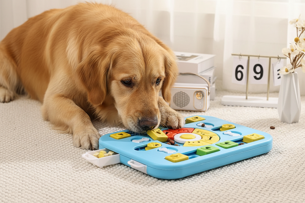 Dog with blue puzzle toy