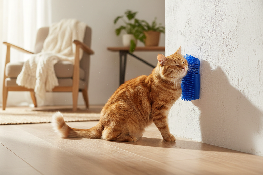 Ginger cat rubbing on corner wall brush