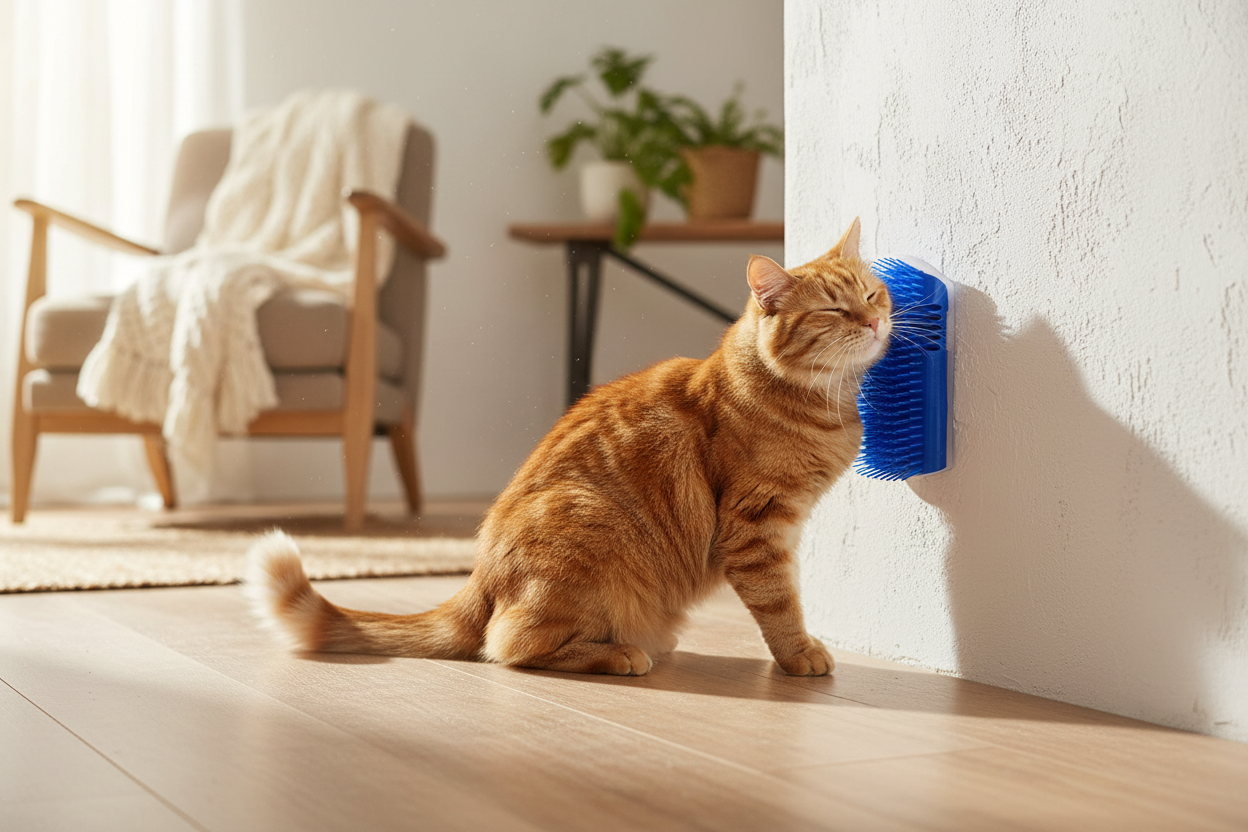 Ginger cat rubbing on corner wall brush