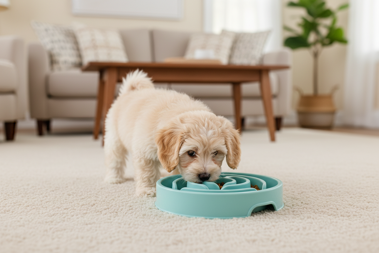 Puppy eating at home
