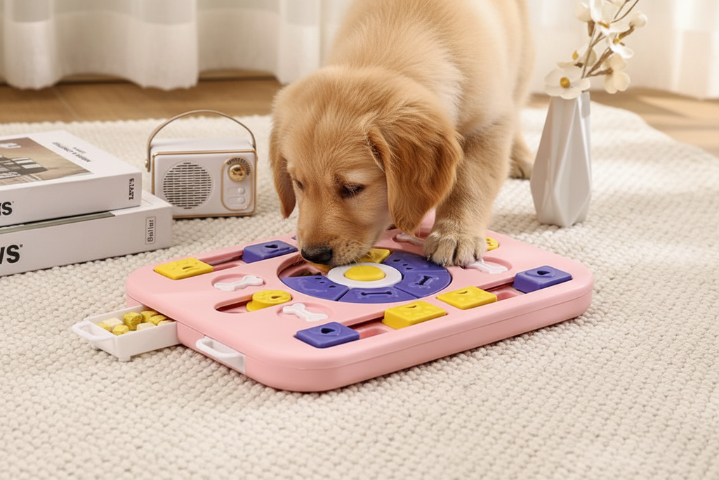 Puppy with pink puzzle toy