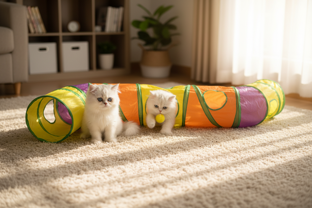 Two white cats with tunnel